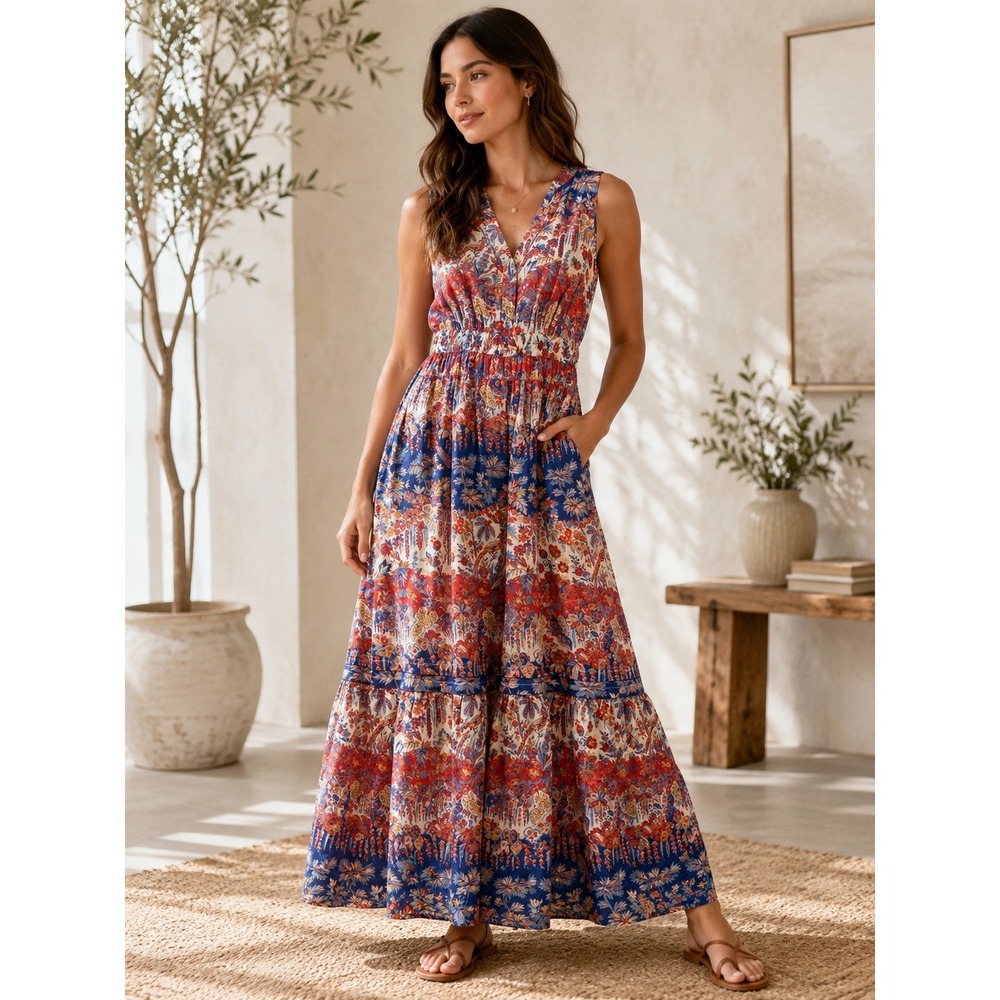 J Mclaugh Maxi Dress 100% Linen Floral Print Tiered Sleeveless with Pockets
